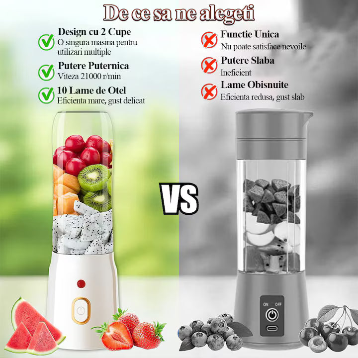 Produsnou Blender portabil multifunctional cu 10 lame, 21000RPM, 2 cupe (450ml si 150ml), potrivit pentru shake-uri si smoothie-uri