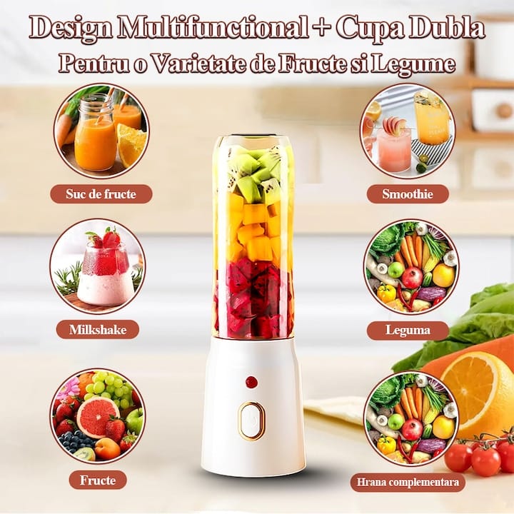 Produsnou Blender portabil multifunctional cu 10 lame, 21000RPM, 2 cupe (450ml si 150ml), potrivit pentru shake-uri si smoothie-uri