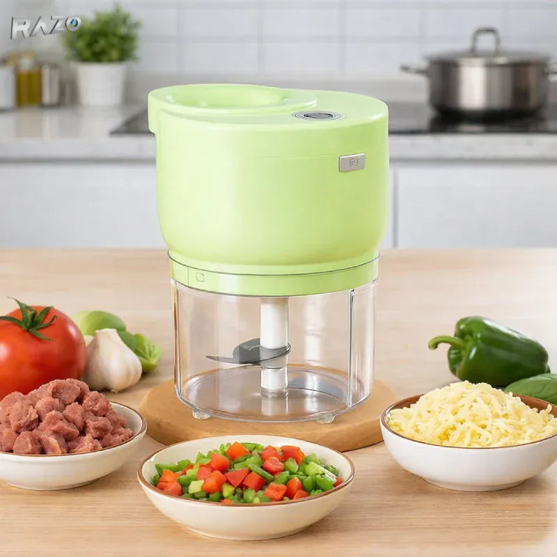 Produsnou Tocator electric mini RAZO, 500 ml, Multifunctional, Reincarcabil fara fir, Lame inox pentru legume, fructe, nuci, ierburi, Verde