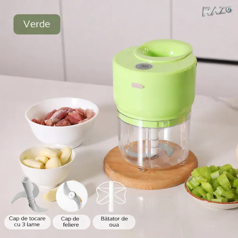 Produsnou Tocator electric mini RAZO, 500 ml, Multifunctional, Reincarcabil fara fir, Lame inox pentru legume, fructe, nuci, ierburi, Verde