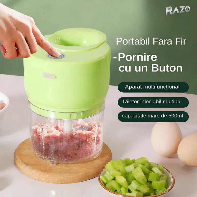 Produsnou Tocator electric mini RAZO, 500 ml, Multifunctional, Reincarcabil fara fir, Lame inox pentru legume, fructe, nuci, ierburi, Verde